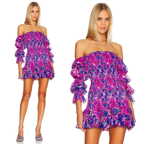 MISA Los Angeles Noura Smocked Mini Dress Watercolor Blues Size XS - Picture 5 of 11